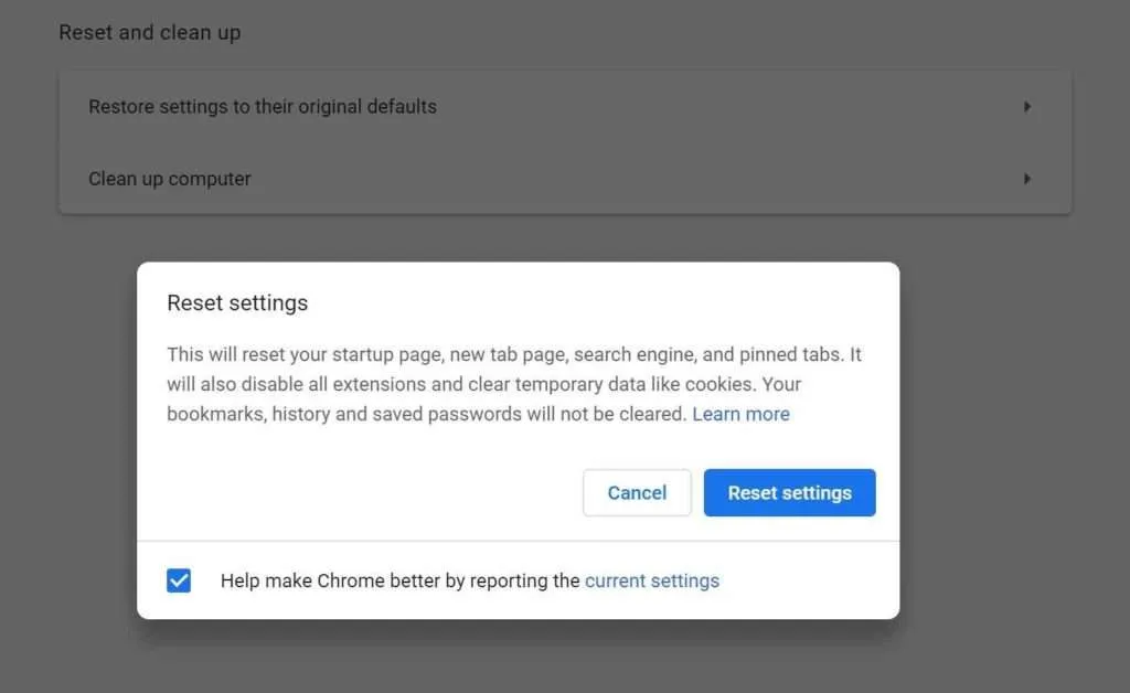 Chrome Reset Settings